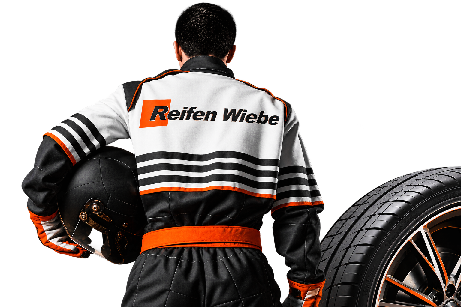 Mitarbeiter in Reifen-Wiebe-Arbeitskleidung neben einem Reifen